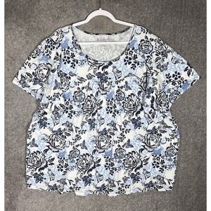 Roamans Top Womens Size 3X 30/32 White Blue Floral Butterfly Cotton Short Sleeve